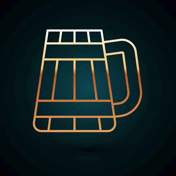 Línea dorada Icono de taza de cerveza de madera aislado sobre fondo azul oscuro. Ilustración vectorial — Vector de stock