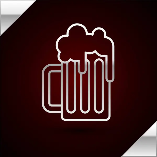 Línea de plata Icono de taza de cerveza de madera aislado sobre fondo rojo oscuro. Ilustración vectorial — Archivo Imágenes Vectoriales
