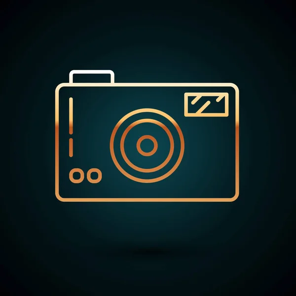 Línea dorada Icono de la cámara fotográfica aislado sobre fondo azul oscuro. Icono de cámara fotográfica. Ilustración vectorial — Archivo Imágenes Vectoriales