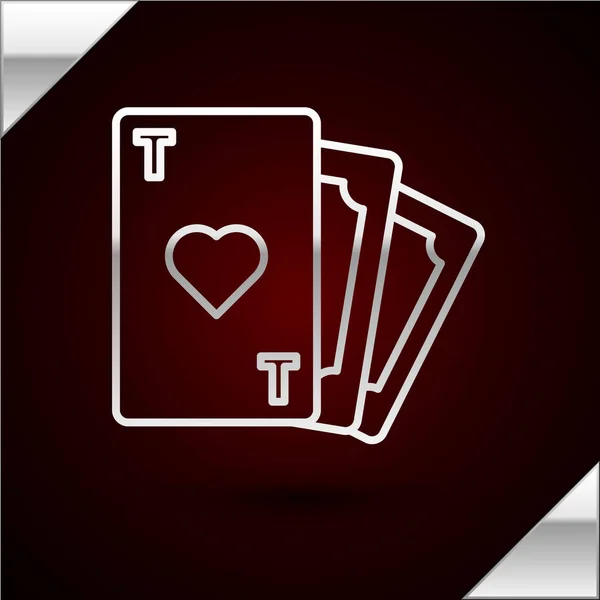 Línea de plata Jugando a las cartas con el símbolo del corazón aislado sobre fondo rojo oscuro. Juego de casino. Ilustración vectorial — Vector de stock