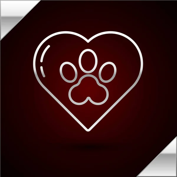 Silver line Heart with animals footprint icon isolated on dark red background. Pet paw in heart. Love to the animals. Vector Illustration