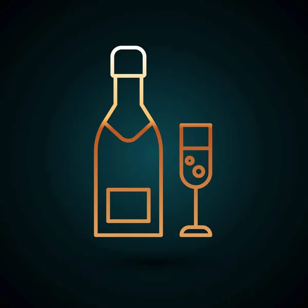 Gouden lijn Champagne fles en glas champagne pictogram geïsoleerd op donkerblauwe achtergrond. Vrolijk kerstfeest en gelukkig nieuwjaar. Vector Illustratie — Stockvector