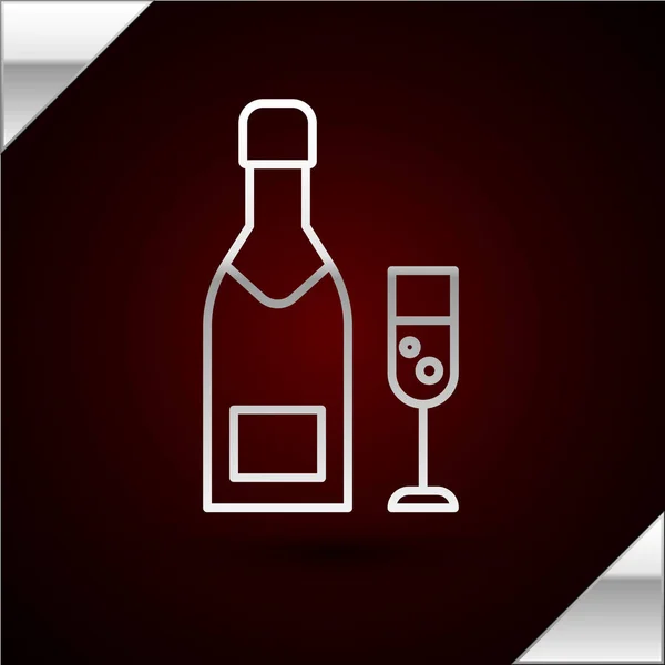 Silver line Champagne bottle and glass of champagne icon isolated on dark red background. Merry Christmas and Happy New Year. Vector Illustration — 스톡 벡터