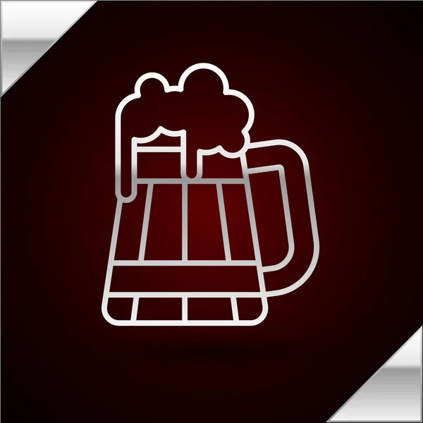 Stříbrná linka Dřevěný pivní hrnek ikona izolované na tmavočerveném pozadí. Vektorová ilustrace — Stockový vektor