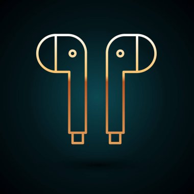 Altın çizgili hava kulaklığı simgesi koyu mavi arka planda izole edildi. Kulaklıklar için kablosuz cihaz. Elektronik cihazlar. Vektör İllüstrasyonu