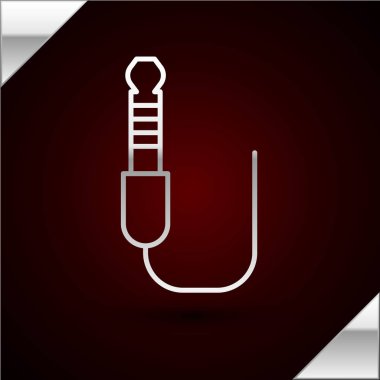 Gümüş çizgili ses kriko simgesi koyu kırmızı arka planda izole edildi. Bağlantı ses ekipmanları için ses kablosu. Fiş kablosu. Müzik aleti. Vektör İllüstrasyonu