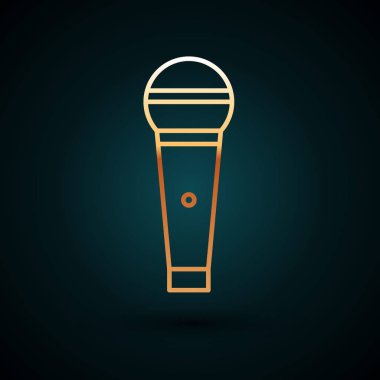 Altın çizgili mikrofon simgesi koyu mavi arkaplanda izole edildi. Radyodaki mikrofondan. Sözcü işareti. Vektör İllüstrasyonu