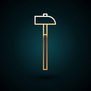 Altın çizgili çekiç simgesi koyu mavi arkaplanda izole edilmiş. Tamir için bir araç. Vektör İllüstrasyonu