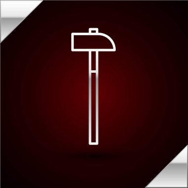 Gümüş çizgili çekiç simgesi koyu kırmızı arkaplanda izole edilmiş. Tamir için bir araç. Vektör İllüstrasyonu