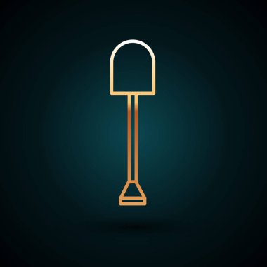 Altın çizgili kürek simgesi koyu mavi arkaplanda izole edilmiş. Bahçe aletleri. Bahçecilik, tarım, çiftçilik aleti. Vektör İllüstrasyonu