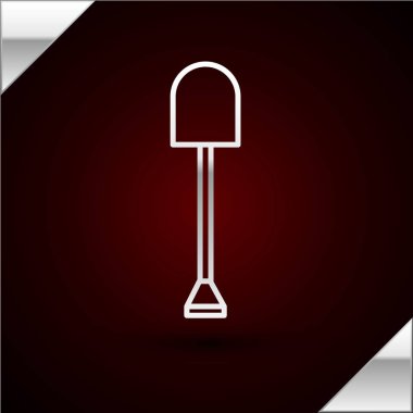 Gümüş çizgili kürek ikonu koyu kırmızı arka planda izole edilmiş. Bahçe aletleri. Bahçecilik, tarım, çiftçilik aleti. Vektör İllüstrasyonu