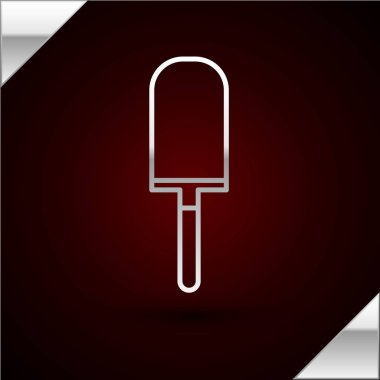 Gümüş çizgi bahçe küreği ya da kürek ikonu koyu kırmızı arka planda izole edilmiş. Bahçe aletleri. Bahçecilik, tarım, çiftçilik aleti. Vektör İllüstrasyonu