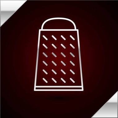 Gümüş çizgili Grater simgesi koyu kırmızı arka planda izole edilmiş. Mutfak sembolü. Mutfak aletleri. Çatal bıçak seti. Vektör İllüstrasyonu