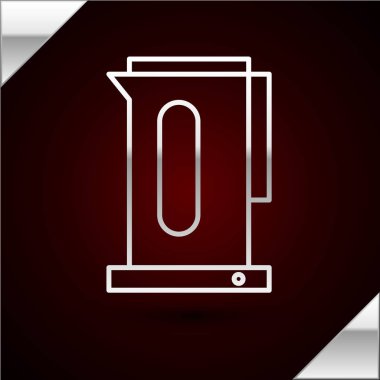 Gümüş çizgili Kettle koyu kırmızı arka planda ikon izole edilmiş. Çaydanlık ikonu. Vektör İllüstrasyonu