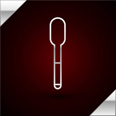 Gümüş çizgili kaşık simgesi koyu kırmızı arka planda izole edildi. Mutfak aletleri. Çatal bıçak seti. Vektör İllüstrasyonu