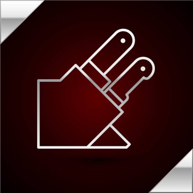 Gümüş çizgili bıçak ikonu koyu kırmızı arka planda izole edilmiş. Çatal bıçak sembolü. Vektör İllüstrasyonu