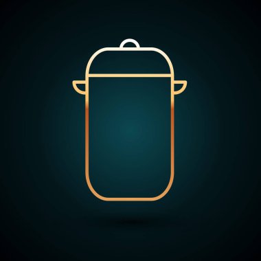 Altın çizgili tencere ikonu koyu mavi arka planda izole edilmiş. Haşlama ya da güveç besin sembolü. Vektör İllüstrasyonu