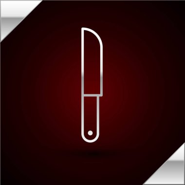 Gümüş çizgili bıçak ikonu koyu kırmızı arka planda izole edilmiş. Çatal bıçak sembolü. Vektör İllüstrasyonu