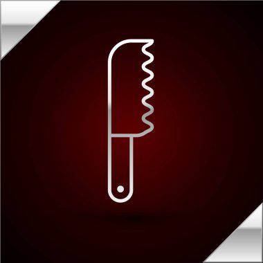 Gümüş çizgili ekmek bıçağı ikonu koyu kırmızı arka planda izole edilmiş. Çatal bıçak sembolü. Vektör İllüstrasyonu