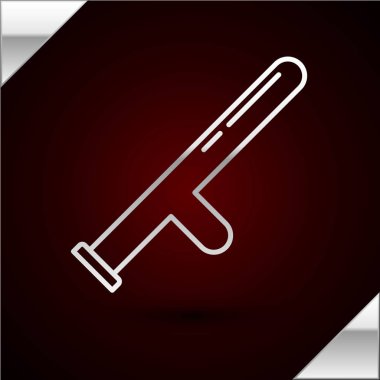 Gümüş çizgili polis kauçuk çubuk simgesi koyu kırmızı arka planda izole edildi. Kauçuk copu. Polis yarasası. Polis ekipmanları. Vektör İllüstrasyonu