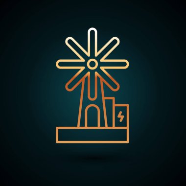 Sarı çizgi rüzgar türbini simgesi koyu mavi arkaplanda izole edildi. Rüzgar jeneratörü işareti. Elektrik üretimi için yel değirmeni. Vektör İllüstrasyonu