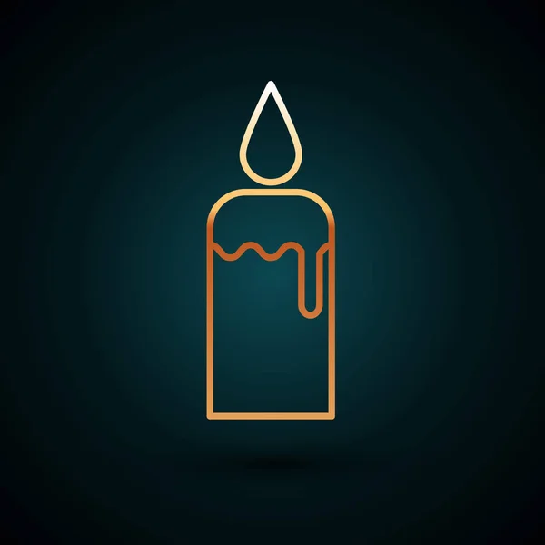 Gold line Burning candle in candlestick icon isolated on dark blue background. Cylindrical candle stick with burning flame. Vector Illustration — Stock Vector