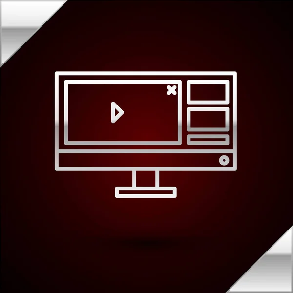 Silberzeilen-Videorecorder oder Editor-Software auf Computerbildschirm-Symbol isoliert auf dunkelrotem Hintergrund. Vektorillustration — Stockvektor