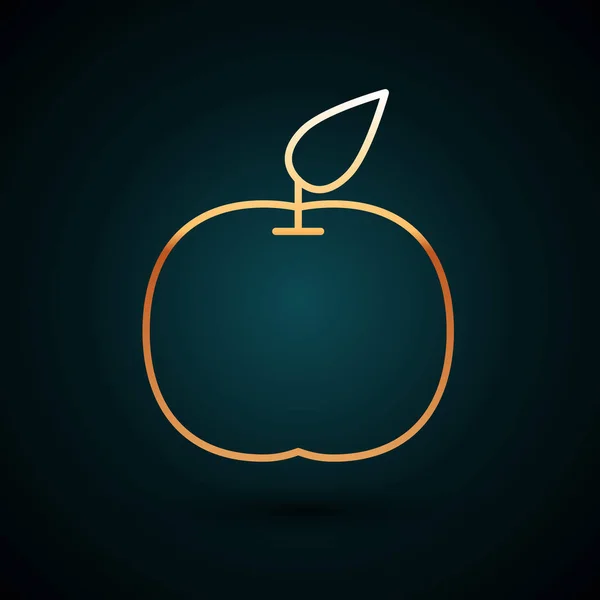 Línea dorada Icono de Apple aislado sobre fondo azul oscuro. Fruta con símbolo de hoja. Ilustración vectorial — Vector de stock