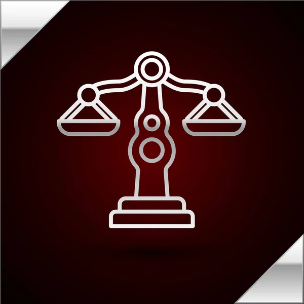 Ασημένια γραμμή Ζυγαριά της δικαιοσύνης εικόνα απομονώνονται σε σκούρο κόκκινο φόντο. Σύμβολο του δικαστηρίου. Σημάδι ζυγοστάθμισης. Εικονογράφηση διανύσματος — Διανυσματικό Αρχείο