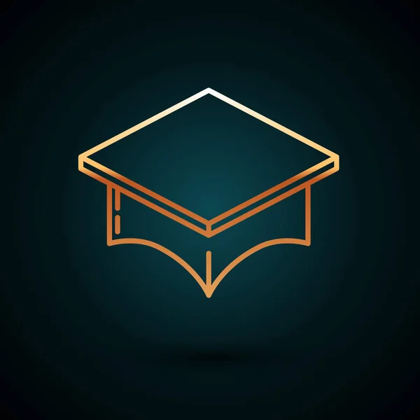 Línea dorada Icono de la tapa de graduación aislado sobre fondo azul oscuro. Sombrero de graduación con icono de borla. Ilustración vectorial — Vector de stock