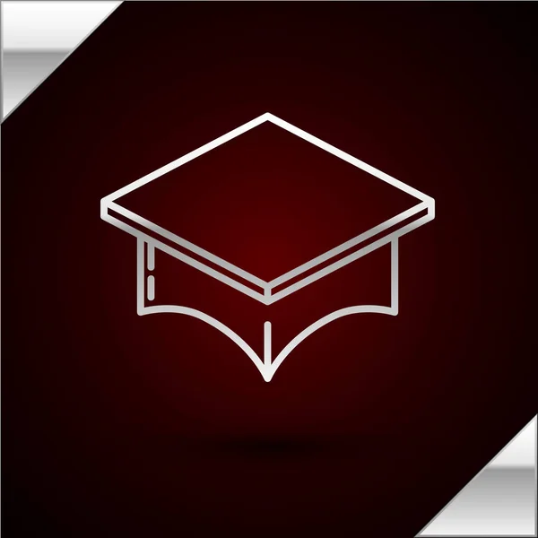 Línea de plata Icono de la tapa de graduación aislado sobre fondo rojo oscuro. Sombrero de graduación con icono de borla. Ilustración vectorial — Vector de stock