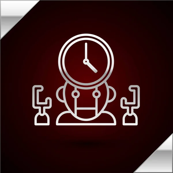 Línea de plata Robot y el icono del gestor de tiempo digital aislado sobre fondo rojo oscuro. Asistencia de gestión de tiempo, ayuda de optimización de flujo de trabajo. Ilustración vectorial — Vector de stock