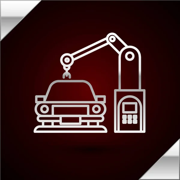 Línea de plata Máquina industrial robot robótico brazo mano en coche icono de fábrica aislado sobre fondo rojo oscuro. Automatización industrial de producción de automóviles. Ilustración vectorial — Vector de stock