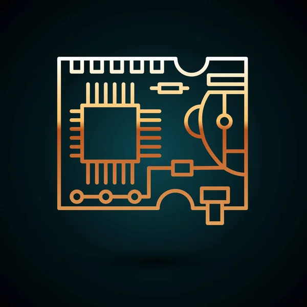 Línea Gold Icono de placa de circuito impreso PCB aislado sobre fondo azul oscuro. Ilustración vectorial — Vector de stock