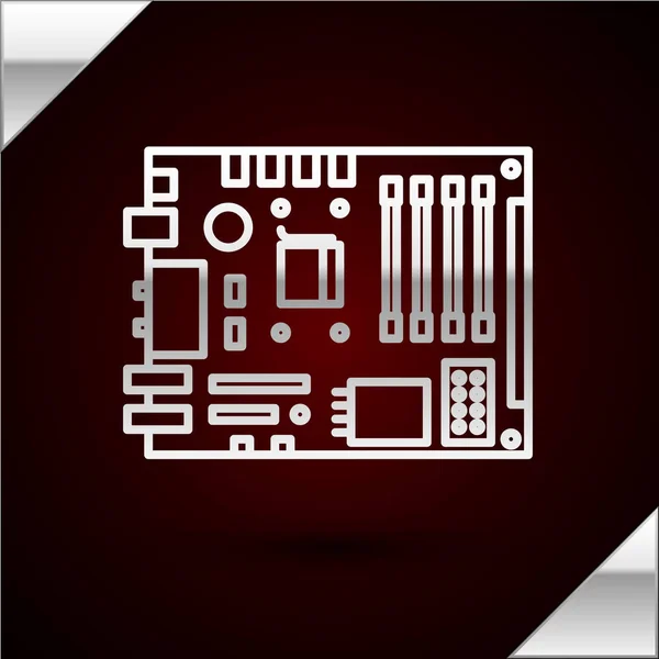 Ασημένια γραμμή Ηλεκτρονικά εξαρτήματα υπολογιστών motherboard digital chip integrated science icon απομονωμένο σε σκούρο κόκκινο φόντο. Κυκλική πλάκα. Εικονογράφηση διανύσματος — Διανυσματικό Αρχείο