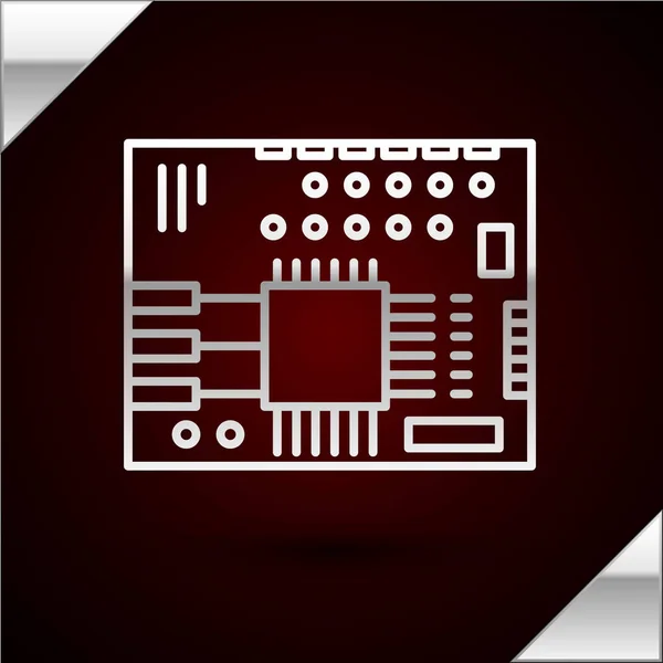 Línea de plata Icono de placa de circuito impreso PCB aislado sobre fondo rojo oscuro. Ilustración vectorial — Vector de stock