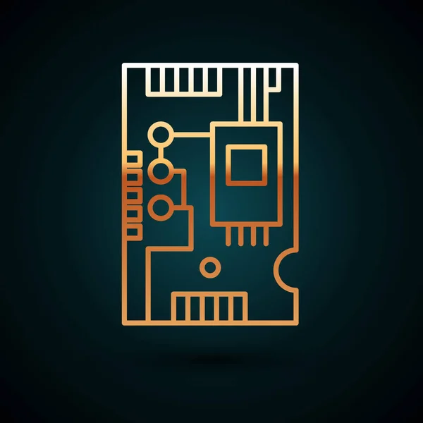 Línea Gold Componentes electrónicos de computadora placa base chip digital integrado icono de la ciencia aislado sobre fondo azul oscuro. Placa de circuito. Ilustración vectorial — Archivo Imágenes Vectoriales