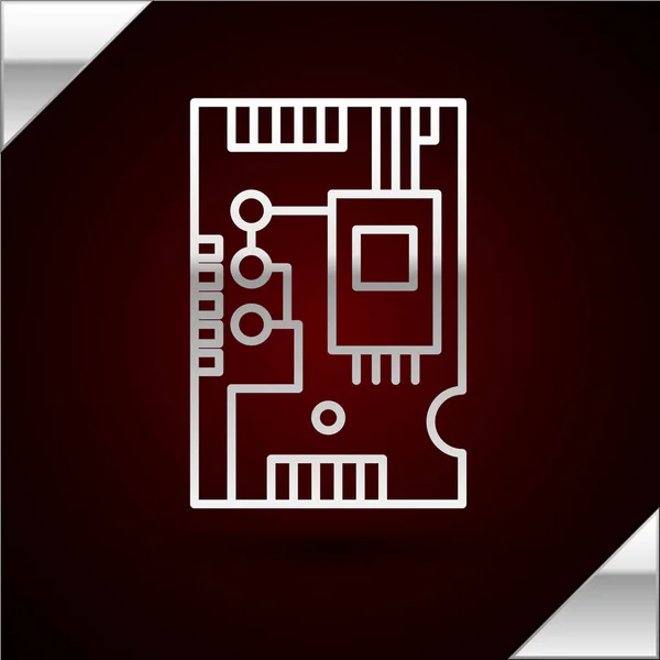 Silver linje Elektroniska datorkomponenter moderkort digitalt chip integrerad vetenskap ikon isolerad på mörkröd bakgrund. Kretskort. Vektor Illustration — Stock vektor