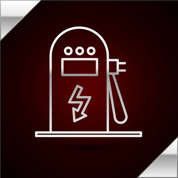 Srebrna linia Elektryczna ikona stacji ładowania samochodów na ciemnoczerwonym tle. Znak ekologicznej pompy paliwowej. Ilustracja wektora — Wektor stockowy