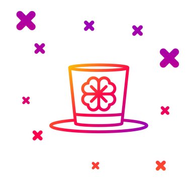 Renkli Leprikon şapkası ve beyaz arka planda dört yapraklı yonca simgesi. Aziz Patrick gününüz kutlu olsun. Kademeli rastgele dinamik şekiller. Vektör İllüstrasyonu