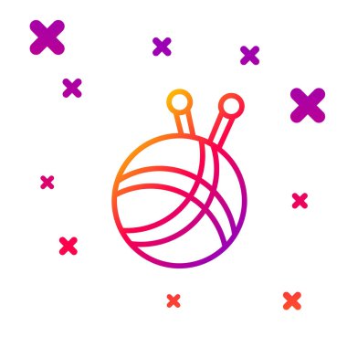 Beyaz arkaplanda izole edilmiş örgü iğneli renkli iplik topu. El yapımı, örgü ya da terzi için etiket. Kademeli rastgele dinamik şekiller. Vektör İllüstrasyonu