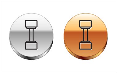 Siyah çizgi Dumbbell simgesi beyaz arkaplanda izole edildi. Kas kaldırma ikonu, fitness halteri, beden eğitimi ikonu, spor malzemeleri sembolü, egzersiz bumbzili. Gümüş-altın halka düğmesi. Vektör İllüstrasyonu