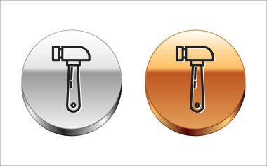 Siyah çizgi çekiç simgesi beyaz arkaplanda izole edildi. Tamir için bir araç. Gümüş-altın halka düğmesi. Vektör İllüstrasyonu