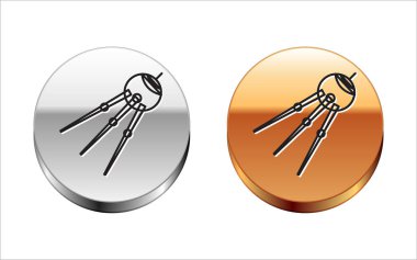 Beyaz arkaplanda siyah çizgi uydu simgesi izole edildi. Gümüş-altın halka düğmesi. Vektör İllüstrasyonu