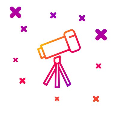 Beyaz arkaplanda renk çizgisi Teleskop simgesi izole edildi. Bilimsel bir alet. Eğitim ve astronomi elementi, dürbün ve çalışma yıldızları. Kademeli rastgele dinamik şekiller. Vektör İllüstrasyonu