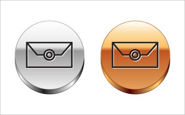 Beyaz arkaplanda izole edilmiş siyah çizgi zarflı noel partisi davetiye kartı simgesi. Mutlu Noeller ve mutlu yıllar. Gümüş-altın halka düğmesi. Vektör İllüstrasyonu