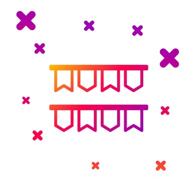 Beyaz arka planda izole edilmiş bayrak simgesi olan renk çizgisi Karnaval çelengi. Doğum günü kutlaması, festival ve güzel dekorasyon için parti flamaları. Kademeli rastgele dinamik şekiller. Vektör İllüstrasyonu