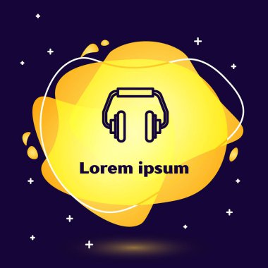 Mavi arka planda siyah çizgi kulaklık simgesi izole edildi. Kulaklıklar. Müzik, hizmet, iletişim ve operatör konsepti. Sıvı şekilli soyut pankart. Vektör İllüstrasyonu