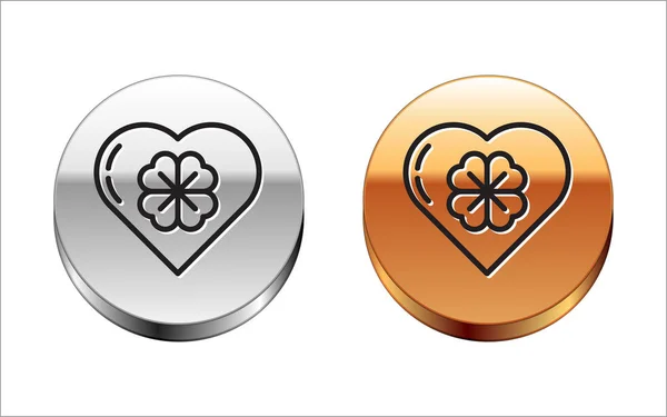 Black line Heart with four leaf clover icon isolated on white background. Happy Saint Patrick day. Silver-gold circle button. Vector Illustration — Stock Vector