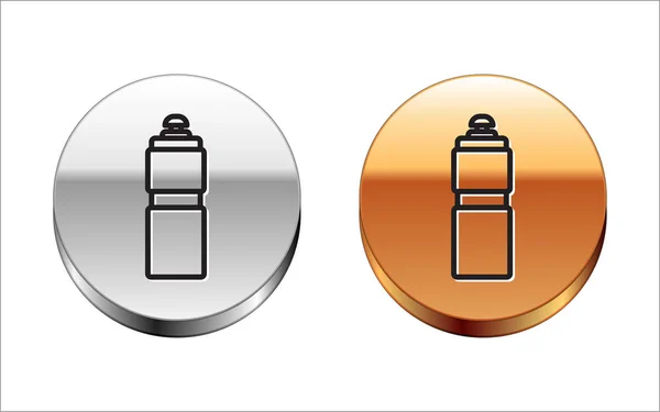 Fekete vonal Fitness shaker ikon elszigetelt fehér háttér. Sport shaker palack fedéllel víz és fehérje koktélok. Ezüst-arany kör gomb. Vektorillusztráció — Stock Vector